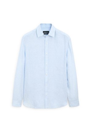 Light blue long-sleeve button-up shirt made of textured fabric; features a classic collar and button placket, with a slightly relaxed fit.