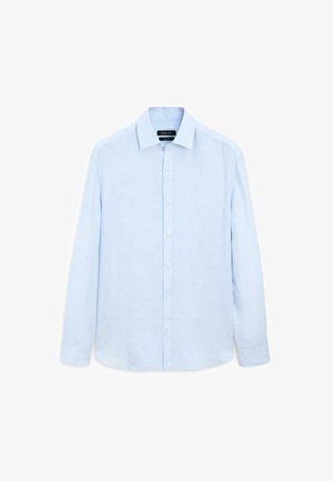 Light blue long-sleeve button-up shirt made of textured fabric; features a classic collar and button placket, with a slightly relaxed fit.