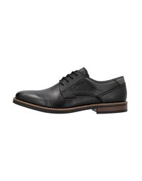 Zapato de cuero negro con superficie lisa, cordones en la parte delantera y un panel texturizado. Presenta una suela marrón con un ligero tacón.