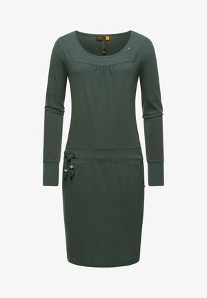 Groene lange mouw jurk van zacht materiaal met een ronde halslijn, rimpeldetail bij de borst, een trekkoord taille en zijzakken.