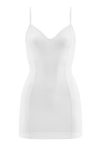Witte slipdress met dunne verstelbare bandjes, een V-hals en een aansluitende silhouet. Gemaakt van een soepele, lichte stof met een minimalistisch design.