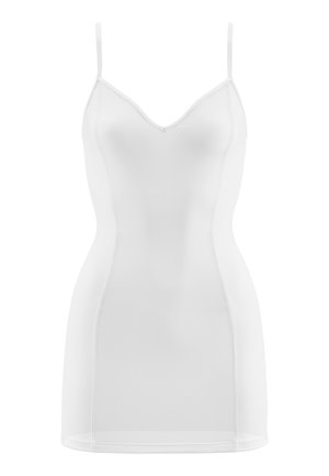 Abito bianco a slip con sottili spalline regolabili, scollatura a V e silhouette aderente. Realizzato in tessuto liscio e leggero, dal design minimalista.