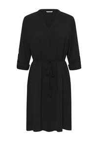 Rochie neagră, până la genunchi, cu decolteu în V, mâneci rabatabile și talie cu șnur. Confecționată dintr-un material moale și ușor.