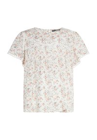 Blomstret kortærmet bluse i cremefarvet stof. Har pink og blå blomster, plisseringer og blondedetaljer på ærmerne og kraven. Løs pasform.