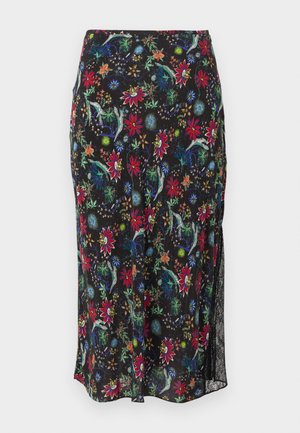 Φλοράλ midi φούστα σε μαύρο ύφασμα, με πολύχρωμα λουλούδια και κληματαριά. Λεπτομέρεια με πλαϊνή σχισμή που ενισχύει την κίνηση. Ελαφρύ, ροής σχέδιο.
