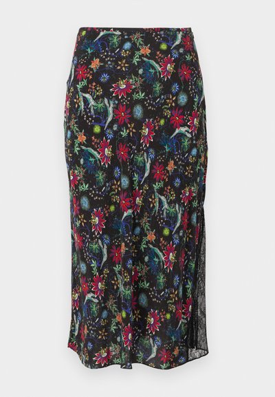 Bloemen midi-rok van zwarte stof, met kleurrijke bloemen en wijnstokken. Zij-split detail voor meer bewegingsvrijheid. Lichtgewicht, vloeiend ontwerp.