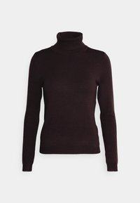 Maglione a collo alto di colore viola scuro con maniche lunghe, colletto a coste e texture liscia. Design aderente, realizzato in materiale di maglieria leggero.