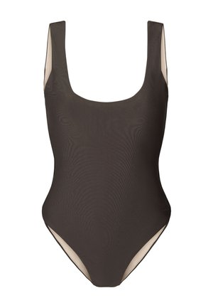 Costume intero marrone scuro, caratterizzato da scollatura a girocollo e aperture per le gambe a taglio alto. Texture liscia con fodera interna a contrasto.