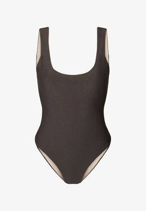 Costume intero marrone scuro, caratterizzato da scollatura a girocollo e aperture per le gambe a taglio alto. Texture liscia con fodera interna a contrasto.