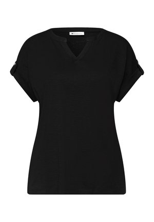 Černý dámský top s krátkými rukávy se sestřiženými rukávy a knoflíkovými páskami, výstřihem do V a volným střihem.