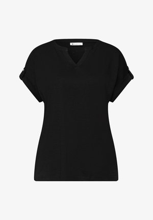 Černý dámský top s krátkými rukávy se sestřiženými rukávy a knoflíkovými páskami, výstřihem do V a volným střihem.