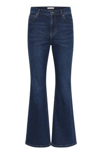 Temno modri razširjeni kavbojki iz denima, ki imajo zadrgo, pet žepov in kontrastno šivanje. Noge se razširjajo od kolena navzdol.