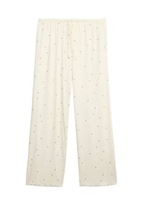 Lys cremefarvede pyjamabukser i blødt stof med bred ben-design, der har små lyserøde hjertepåtryk og en elastisk talje med snor.
