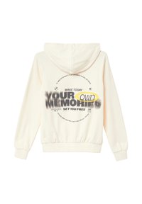 Crewneck hoodie in lichtbeige, gemaakt van zachte katoen. Heeft grafische tekst in zwart en geel. Elastische manchetten en tailleband voor een goede pasvorm.