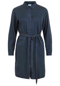Mörkblå knapp-up klänning med krage och långa ärmar, med ett midjebälte. Tillverkad av mjukt tyg med en slät textur.