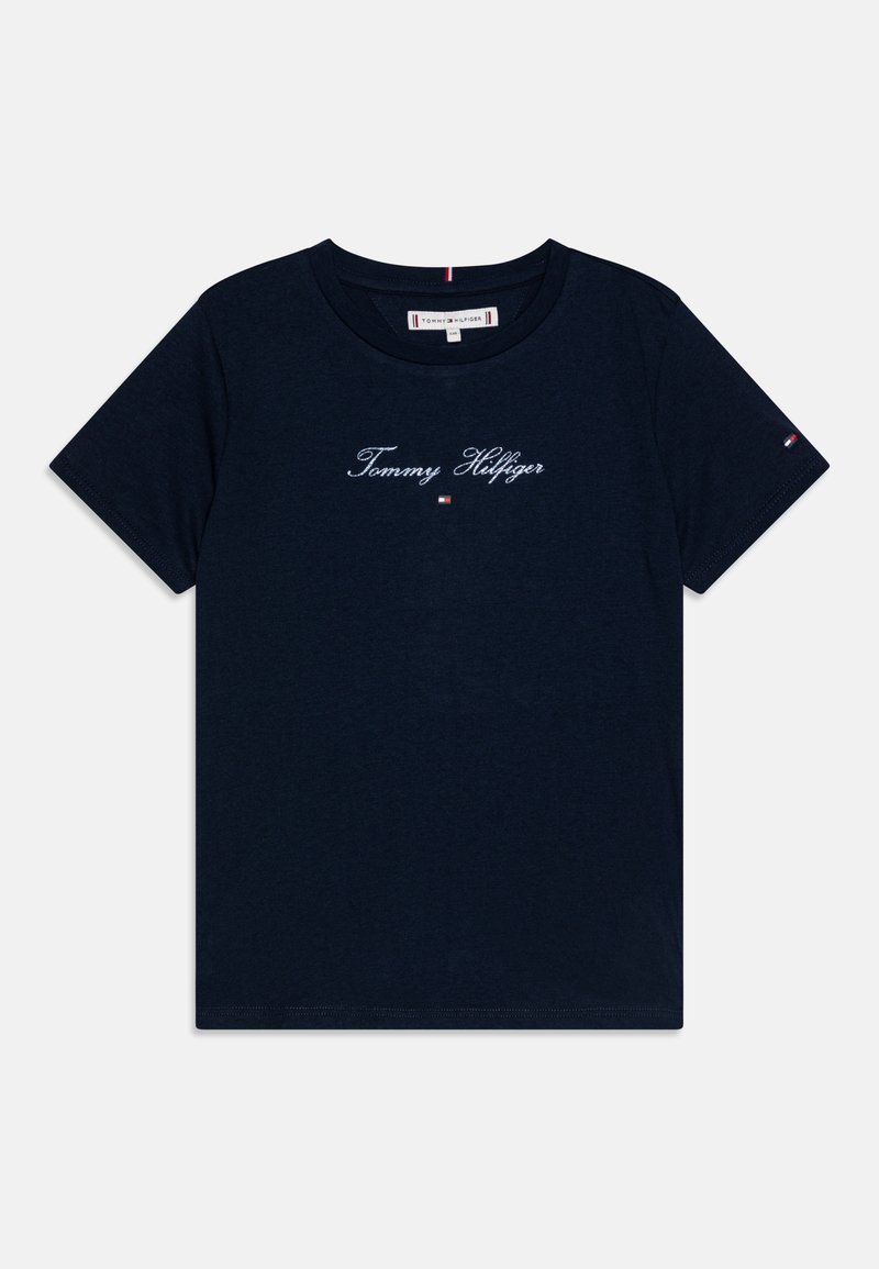Mornarska pamučna majica s okruglim izrezom, s bijelim izvezenim logotipom "Tommy Hilfiger" i malim logotipom na rukavu.