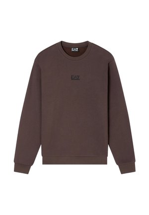 Felpa marrone scuro a maniche lunghe con scollo rotondo e logo EA7 Emporio Armani nero al centro del petto.