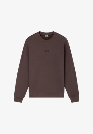 Felpa marrone scuro a maniche lunghe con scollo rotondo e logo EA7 Emporio Armani nero al centro del petto.