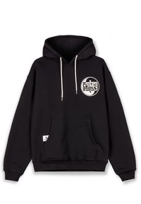 Sudadera con capucha negra hecha de mezcla de algodón, que cuenta con un bolsillo frontal, cordones blancos y un logo circular "GRIMEY" en el pecho.