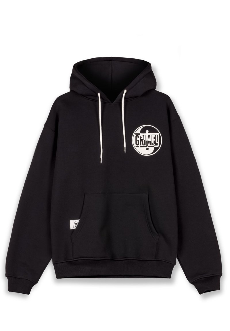 Sudadera con capucha negra hecha de mezcla de algodón, que cuenta con un bolsillo frontal, cordones blancos y un logo circular "GRIMEY" en el pecho.