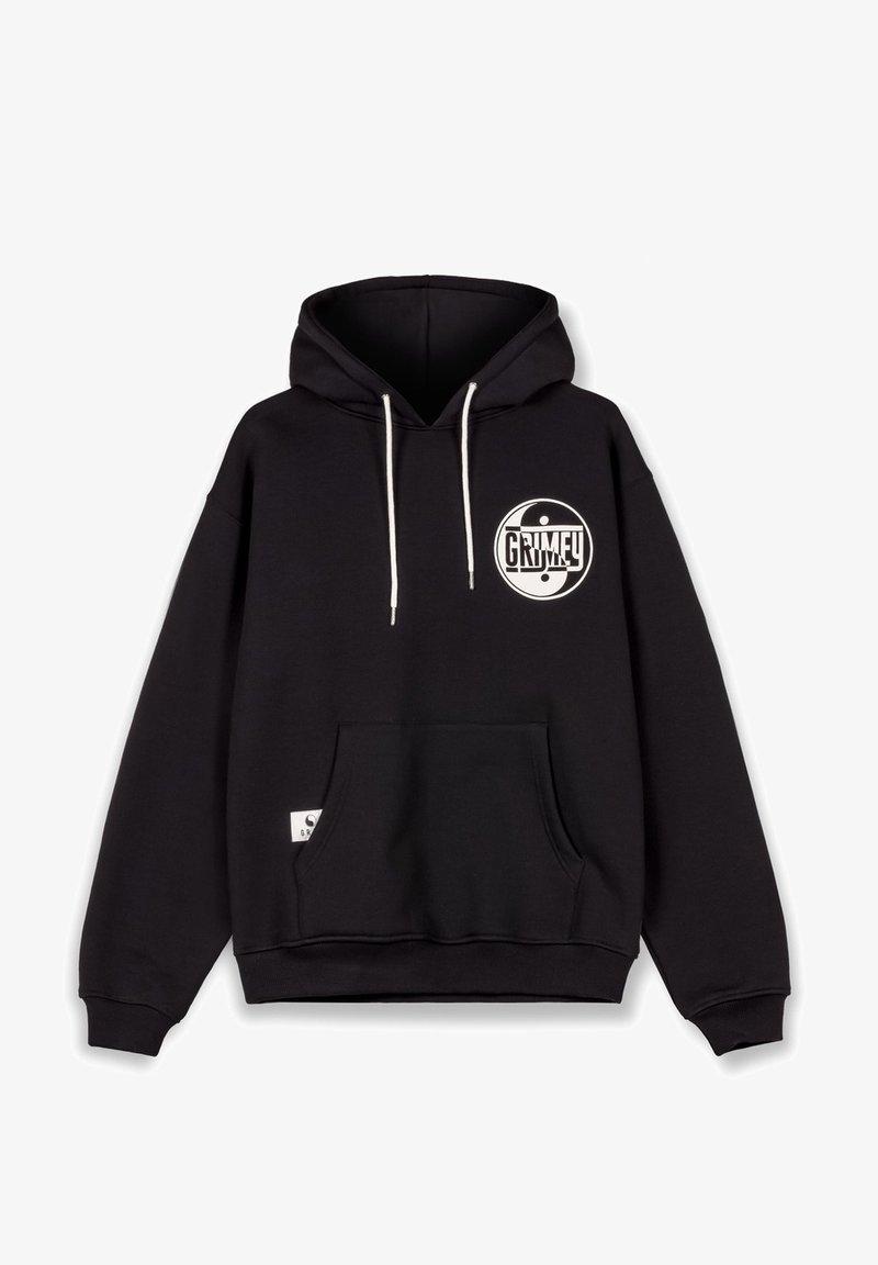 Sudadera con capucha negra hecha de mezcla de algodón, que cuenta con un bolsillo frontal, cordones blancos y un logo circular "GRIMEY" en el pecho.