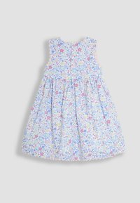 Robe fleurie avec un corsage ajusté et une jupe évasée. Tissu bleu clair avec de petites fleurs roses, jaunes et violettes. Bords festonnés et boutons dans le dos.