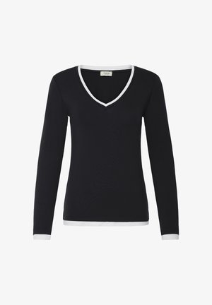 Zwarte lange mouwen V-hals top met witte rand bij de halslijn, mouwboorden en zoom, weergegeven op een effen witte achtergrond.
