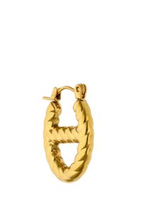 Guld ørering i ringform med snoet rebdesign og hængslet lukning på hvid baggrund.