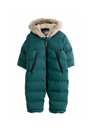 Podpuchnięty snowsuit dla niemowląt w kolorze zielonym z przednim zamkiem, dwoma kieszeniami na zamek i kapturem podszytym futerkiem z kremową podszewką sherpa.