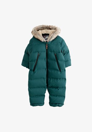 Podpuchnięty snowsuit dla niemowląt w kolorze zielonym z przednim zamkiem, dwoma kieszeniami na zamek i kapturem podszytym futerkiem z kremową podszewką sherpa.