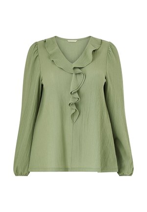 Lys grøn langærmet bluse med V-udskæring, der har en rynket krave og tekstur i stoffet. Løs pasform med samlede ærmer.
