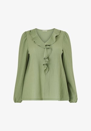 Lichtgroene blouse met lange mouwen en een V-hals, voorzien van een gerimpelde kraag en textuur in de stof. Ontspannen pasvorm met gathered mouwen.