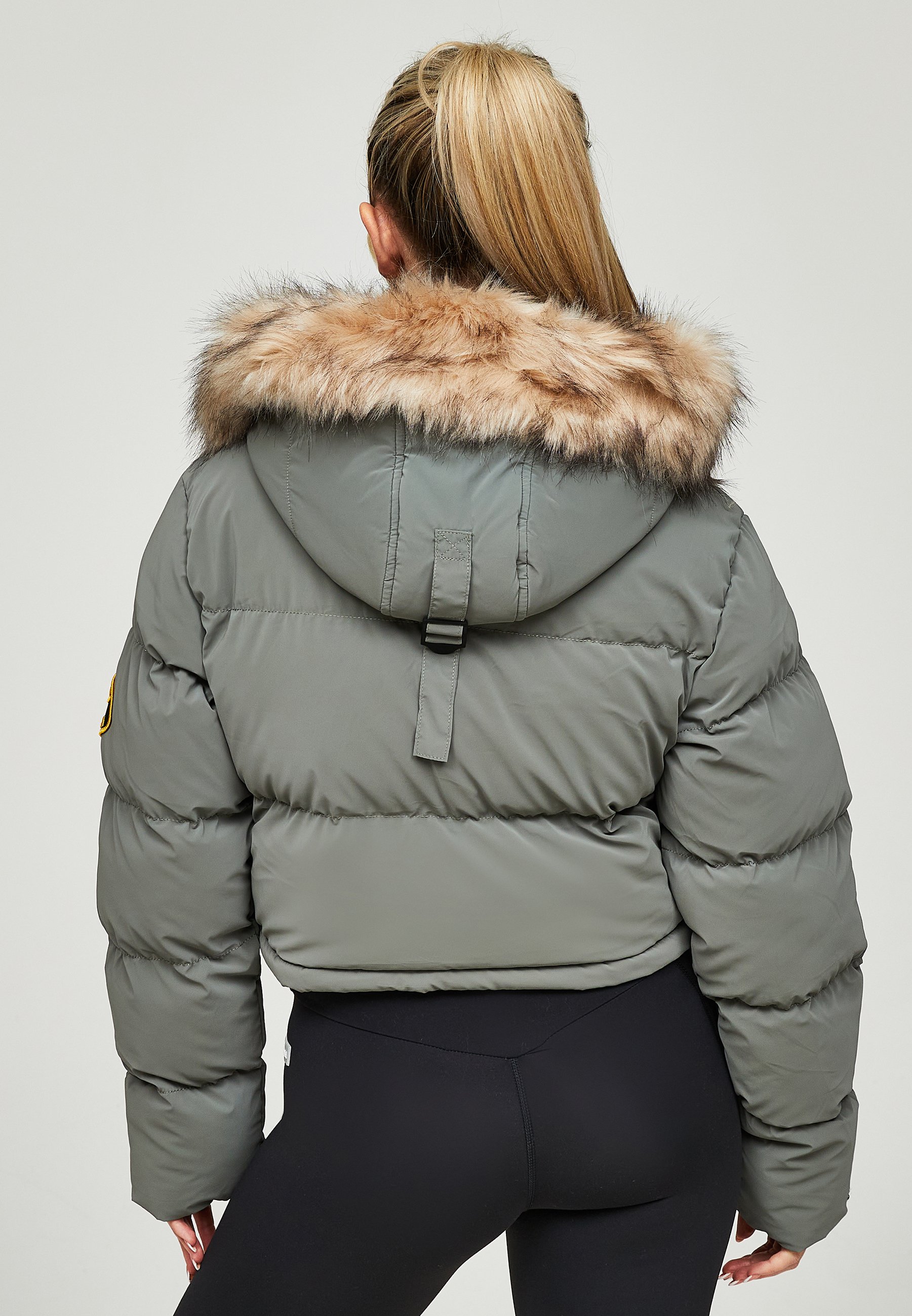 grey cropped puffer coat