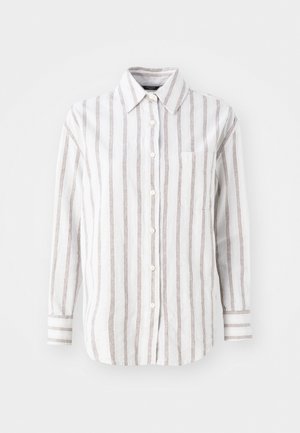 White button-up shirt with vertical brown stripes, long sleeves, a collar, and a chest pocket. Cotton fabric with a soft texture.
