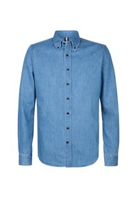 Lichtblauwe denimshirt met lange mouwen, knoopsluiting en bruine knopen aan de voorkant. Heeft een klassieke snit en een zachte textuur.