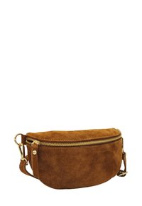 Sac à bandoulière en daim marron de forme arrondie, avec des accessoires en métal doré et une bandoulière amovible. Texture lisse sans motifs visibles.