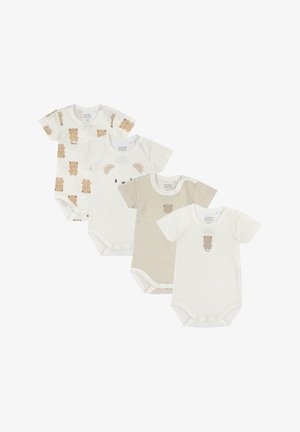 Vier Babybodysuits aus weicher Baumwolle: zwei mit Bärenprints in Beige und Weiß, einer mit beigen Streifen und einer mit einem Bären-Patch, in neutralen Farben.