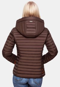 Brown puffer jacket with horizontal quilted design, fitted shape, and a hood. Features two brown accent details near the hem.