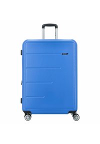 Maleta rígida azul con una superficie texturizada, dos ruedas de fácil rodaje, asa extensible y detalle del logo en un lateral.