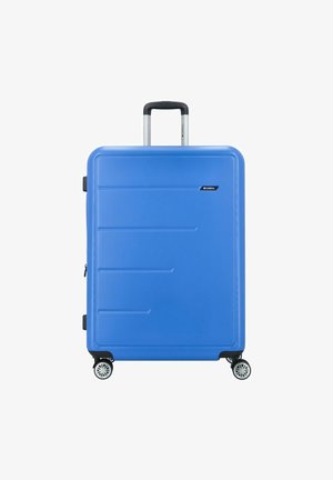 Valigia rigida blu con superficie testurizzata, due ruote scorrevoli, manico estensibile e dettaglio del logo sul lato.