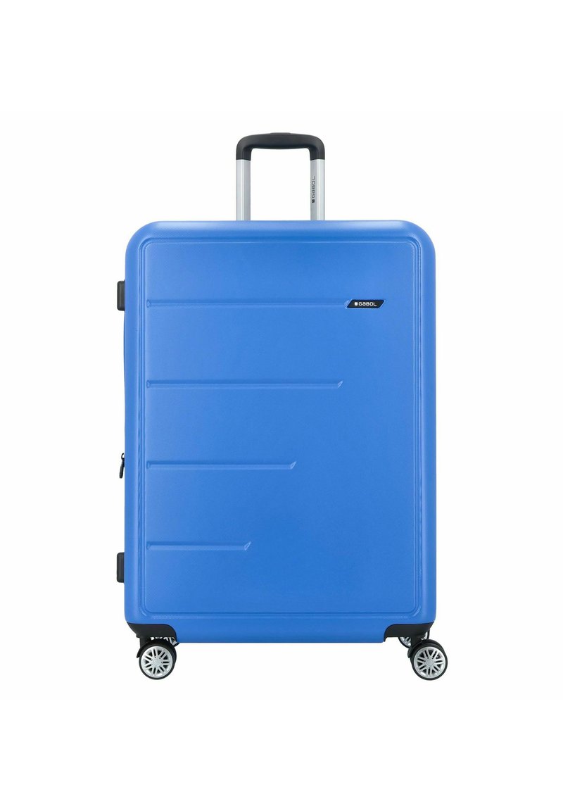 Maleta rígida azul con una superficie texturizada, dos ruedas de fácil rodaje, asa extensible y detalle del logo en un lateral.