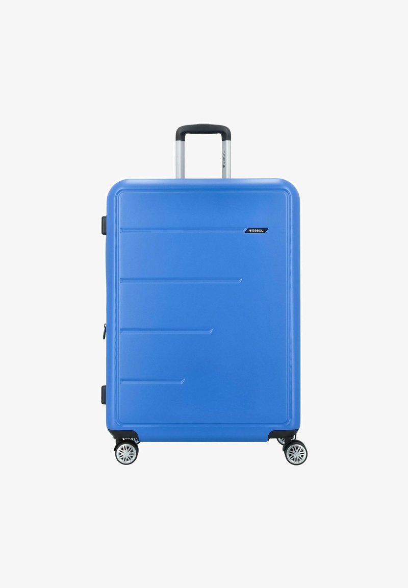 Maleta rígida azul con una superficie texturizada, dos ruedas de fácil rodaje, asa extensible y detalle del logo en un lateral.