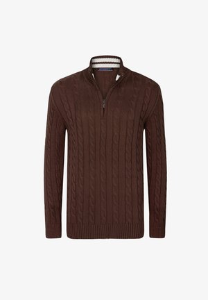 Pull-over marron en maille torsadée avec demi-fermeture éclair et poignets et ourlet côtelés, avec un détail de col intérieur rayé.