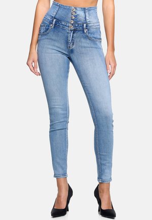 Jeans blu a vita alta con chiusura a bottoni, realizzati in denim chiaro, con un fit slim e un design minimalista.