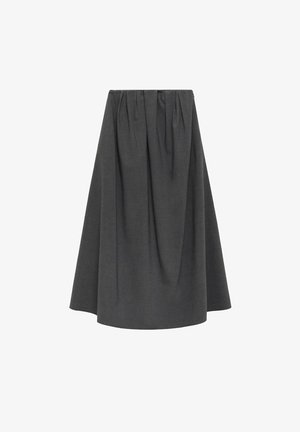 Grey, knee-length skirt made from a textured fabric; features an elastic waistband and pleated design for volume and shape.