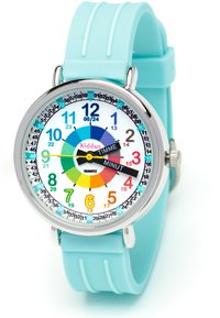 Montre à quartz avec un boîtier rond en argent, un cadran numéroté multicolore et un bracelet en caoutchouc turquoise. Comprend des aiguilles pour les heures et les minutes.