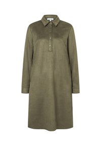 Olivengrünes, langärmliges Kleid mit Kragen, Knopfleiste und weichem, strukturiertem Stoff. Gerader Schnitt und knielanges Design.