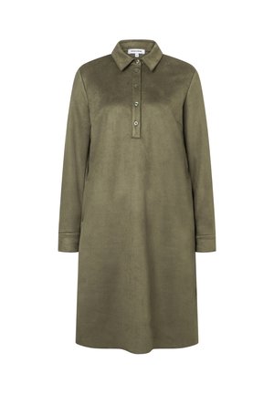 Olivengrünes, langärmliges Kleid mit Kragen, Knopfleiste und weichem, strukturiertem Stoff. Gerader Schnitt und knielanges Design.