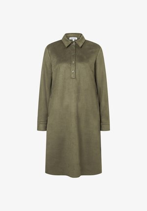 Olijfgroen, lange mouwen jurk met een kraag, knoopsluiting en zachte, gestructureerde stof. Rechte snit en knielange ontwerp.