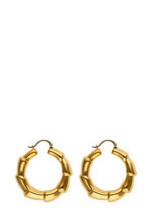 Cercei din aur cu un design inspirat de bambus, având un finisaj metalic lucios și închidere cu balama pentru o purtare ușoară.